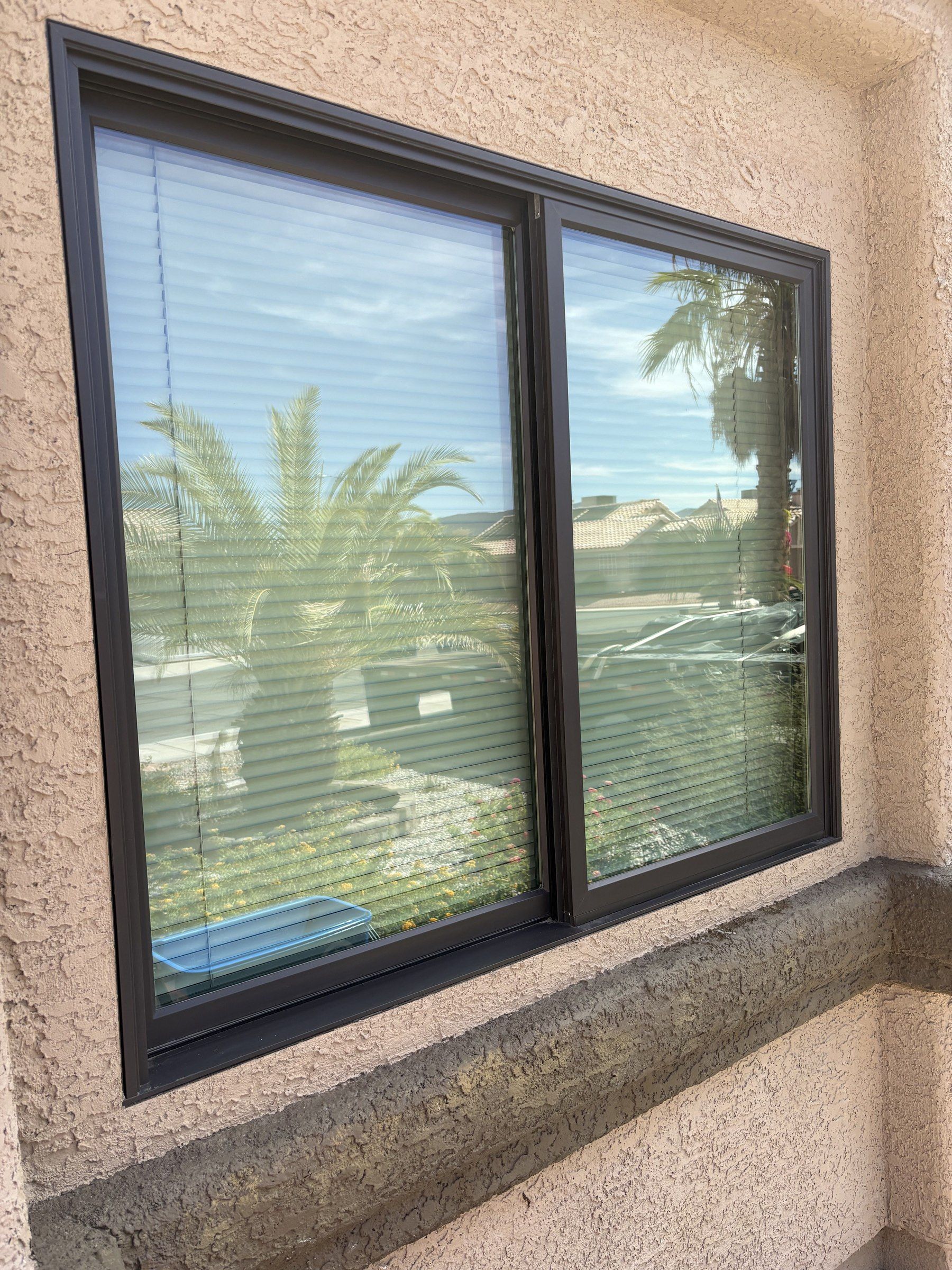 Freshly cleaned sliding window at a Las Vegas Valley home, with palm trees and sky reflected in the glass